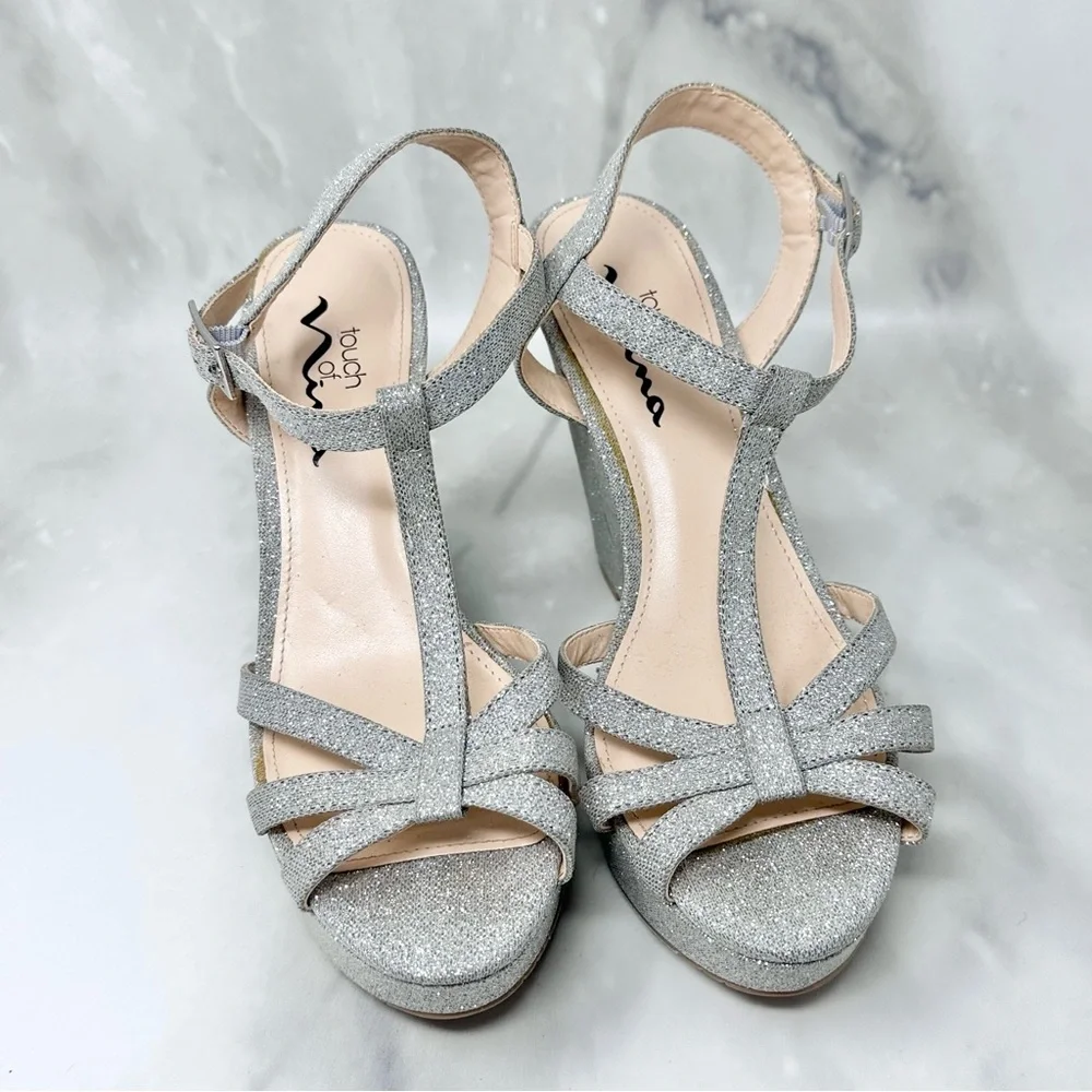 Nina Valery Silver Glitter Metallic Wedge Heel Strappy Sandal Shoes 7.5